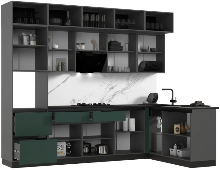 Кухня Техно-6 3,0х1,8м Браш Мени Грин/Браш Вайт, Графит