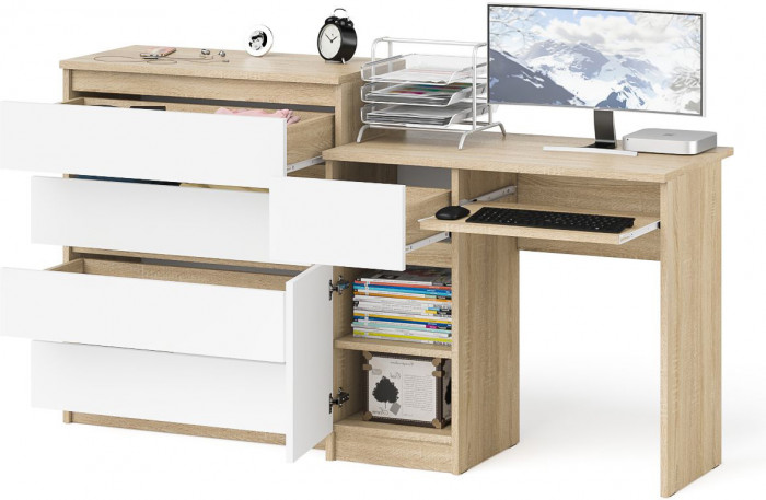 Мори компьютерный стол МС-1 левый + Комод МК800.4, дуб сонома/белый