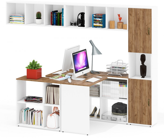 Лидер-8 Стол + Полка + Стол + Полка + Пенал, цвет белый шагрень/крафт золото, ШхГхВ 370х50/30х75/190 или 230х50/120х75/190 см., НЕ универс. сборка