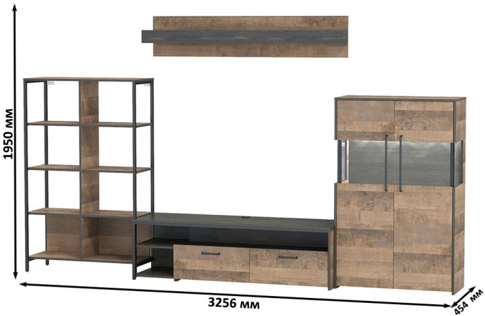 Трувор Гостиная 057, цвет дуб гранж песочный/интра, ШхГхВ 325,6х45,4х195 см., универсальная сборка