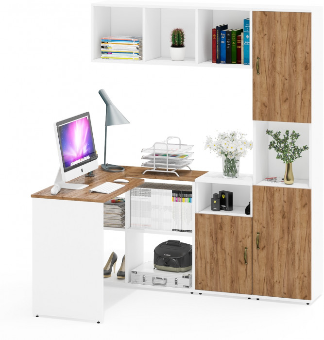 Лидер-8 Стол + Полка + Тумба МД 3.19 + Пенал, цвет белый шагрень/крафт золото, ШхГхВ 245х50/30х75/190 или 160х115/30х75/190 см., НЕ универс. сб.