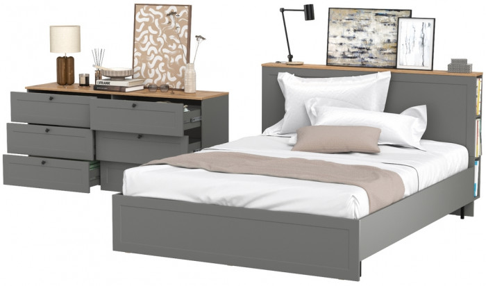 Остин 11.53 Кровать + ортопед + 16.240 Комод, серый графит/дуб крафт золотой