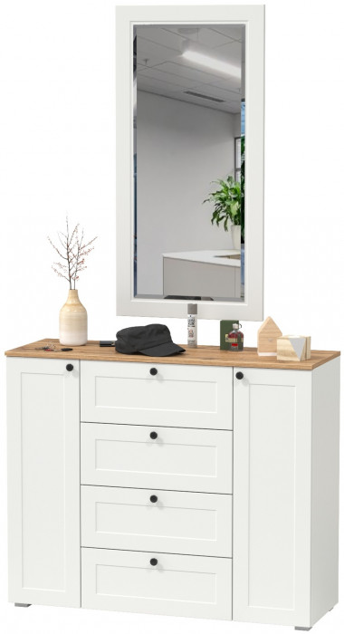 Остин 16.221 Комод + 17.03 Зеркало, белый шагрень/дуб крафт золотой