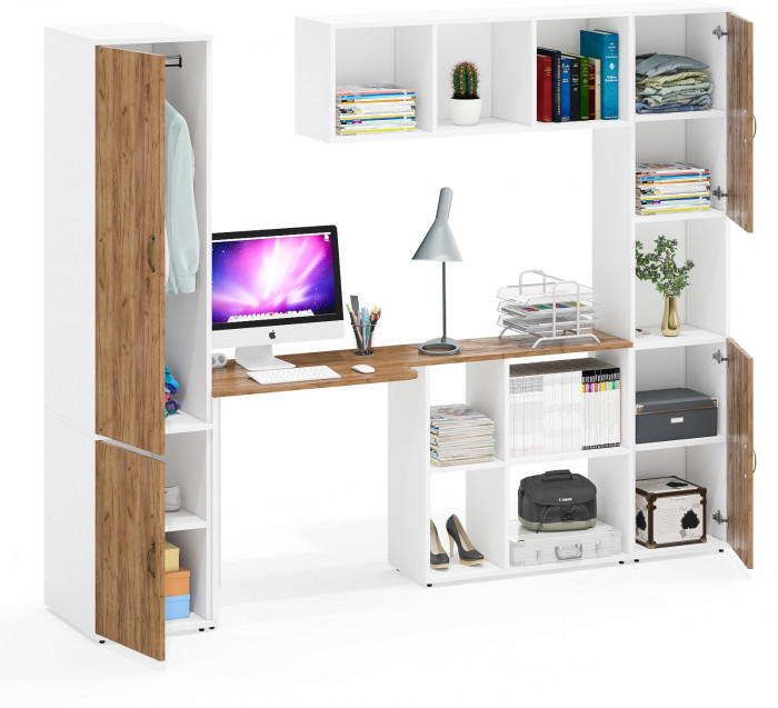 Лидер-8 Пенал МД 23Б + Стол + Полка + Пенал, цвет белый шагрень/крафт золото, ШхГхВ 245х50х75/190 или 155х120/50х75/190 см., НЕ универсальная сборка