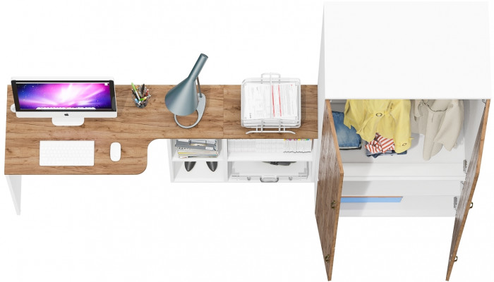Лидер-8 Стол + Шкаф МД 19Б, цвет белый шагрень/крафт золото, ШхГхВ 245х50х75/190 или 115х160/50х75/190 см., НЕ универсальная сборка