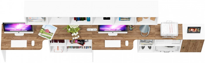 Лидер-8 Стол + Полка + Стол + Полка + Тумба МД 3.15, цвет белый шагрень/крафт золото, ШхГхВ 370х50/30х75 или 230х50/120х75 см., НЕ универс. сборка