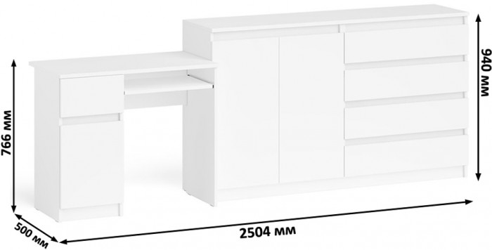 Мори компьютерный стол МС-1 левый + Комод МК1600.1, белый