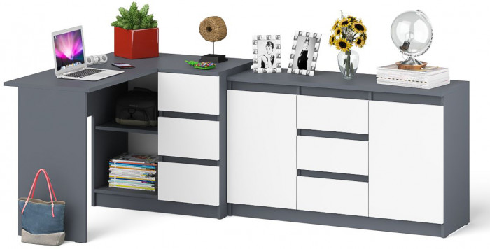 Мори Стол компьютерный МС-16 правый + Комод МК1200.3, цвет графит/белый, ШхГхВ 244,8х84,9х76,6 см., выдвижные ящики справа, НЕ универсальная сборка