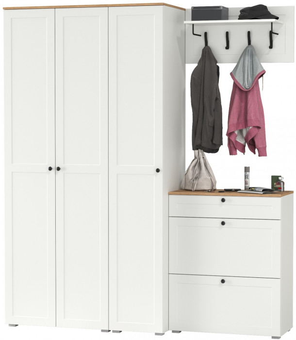 Остин Прихожая 41, цвет белый шагрень/дуб крафт золотой, ШхГхВ 200х54,3х229,6 см., универсальная сборка