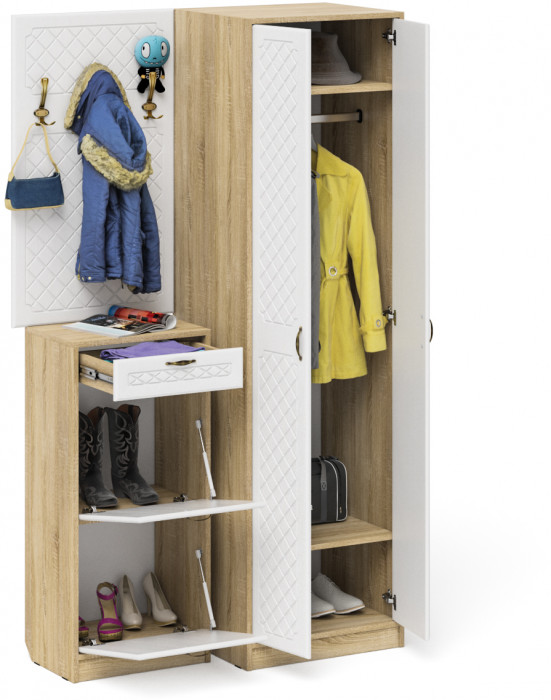 Прихожая П-6 Компоновка № 18, цвет дуб сонома/фасады МДФ белое дерево фрезеровка ромб, ШхГхВ 120х50х210 см., универсальная сборка