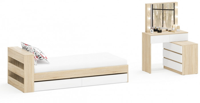Ксения Кровать с ящиками 0900 + Стол косметический с подсветкой 110, дуб сонома/белый