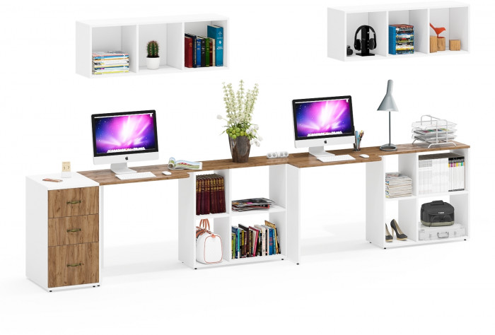 Лидер-8 Стол + Полка + Стол + Полка + Тумба МД 3.16, цвет белый шагрень/крафт золото, ШхГхВ 370х50/30х75/190 или 270х80/50х75/190 , НЕ универс. сборка