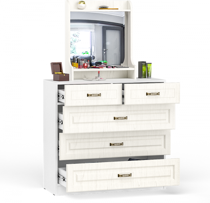 Ливерпуль Комод 10.103 + Полка 10.118 с зеркалом, ясень ваниль/белый