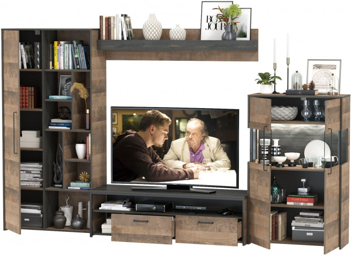 Трувор Гостиная 061, цвет дуб гранж песочный/интра, ШхГхВ 328,6х45,4х194,2 см., универсальная сборка