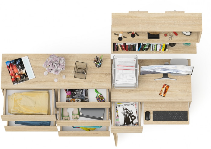 Мори Стол компьютерный МС-1 левый + Комод МК1200.8 + Полка 900, цвет дуб сонома, ШхГхВ 210,4х50х209,6 см., НЕ универсальная сборка