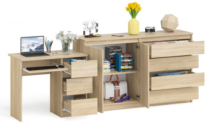 Мори Стол компьютерный МС-6 правый + Комод МК1600.1, цвет дуб сонома, ШхГхВ 250,4х50х94 см., выдвижные ящики справа, НЕ универсальная сборка