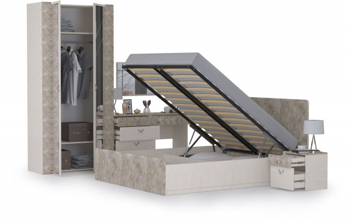 Амели Спальня № 8 Комод 13.106 + Стол туалетный + Зеркало + Шкаф 13.133 + Кровать 11.31 + под. ортопед + Тумбочка, 1600х2000 мм, б/м