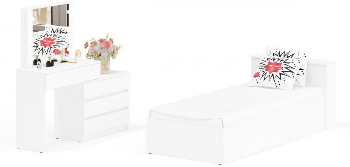 Ксения Кровать с ящиками 0900 + Стол косметический с подсветкой 110, белый