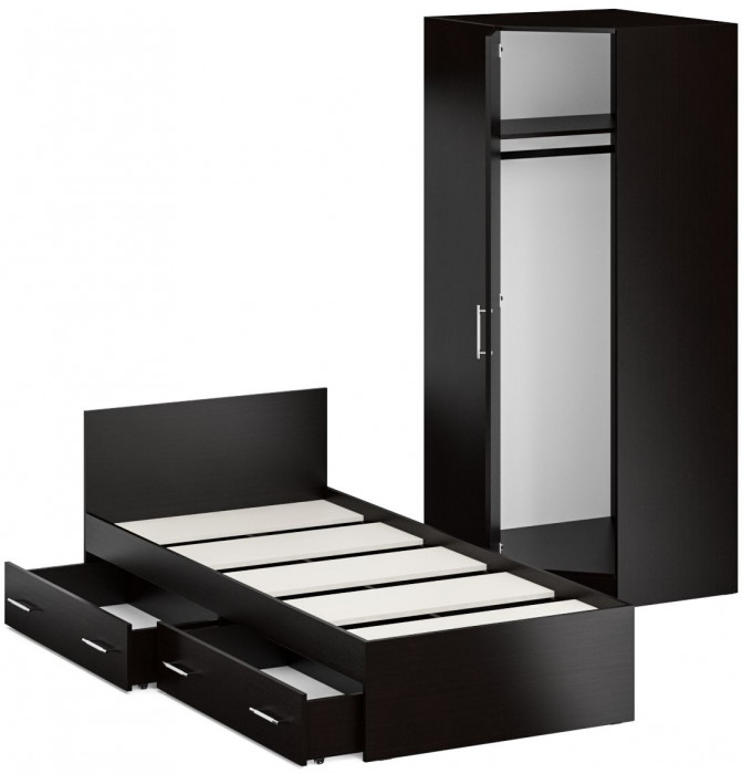 Кровать с ящиками 0900 + Шкаф угловой Стандарт, цвет венге, ШхГхВ 93,5х203,5х70 + 81,2х81,2х200 см., сп.м. 900х2000 мм., без матраса, основание есть