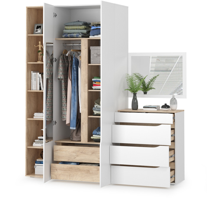 Муссон 13.198 Шкаф + 13.349 Стеллаж + 13.97 Комод + Зеркало СВК, белый/дуб эндгрейн элегантный