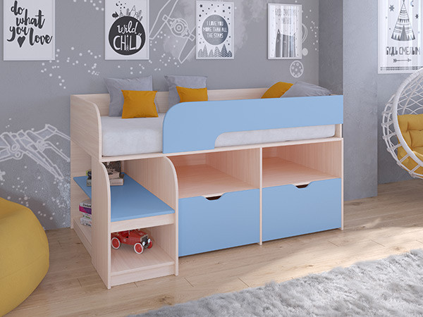 Кровать чердак Астра 9 V6 Дуб молочный/Голубой