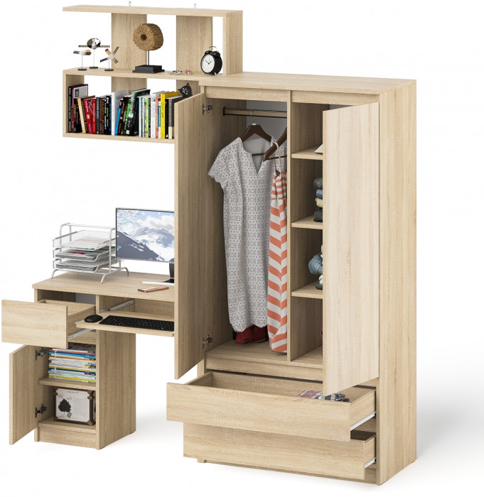 Мори компьютерный стол МС-1 левый + Шкаф МШ900.1 + Полка 900, дуб сонома