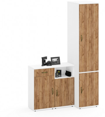 Лидер-8 Пенал МД 23Б + Тумба МД 3.15 + Тумба МД 3.19, цвет белый шагрень/крафт золото, ШхГхВ 120х50х190 см., универсальная сборка