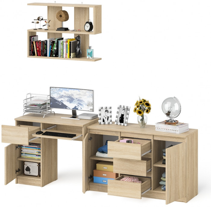 Мори Стол компьютерный МС-1 левый + Комод МК1200.3 + Полка 900, цвет дуб сонома, ШхГхВ 210,4х50х209,6 см., НЕ универсальная сборка