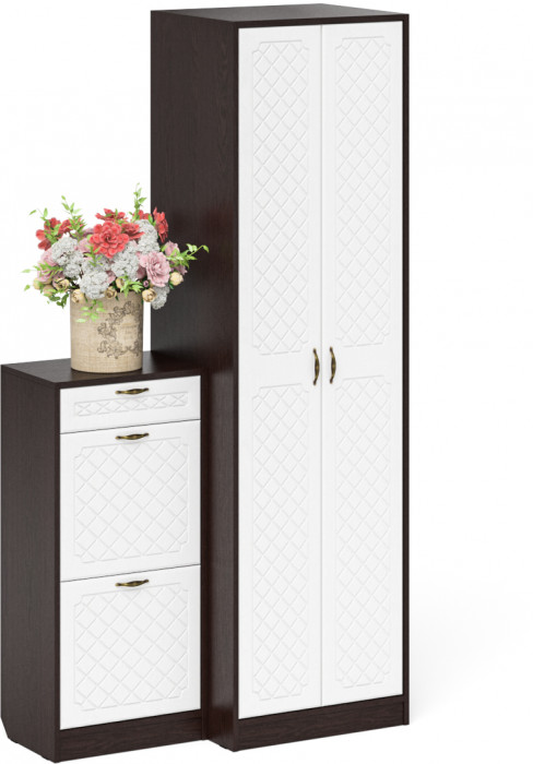 Прихожая П-6 Компоновка № 16, цвет венге/фасады МДФ белое дерево фрезеровка ромб, ШхГхВ 110х50х210 см., универсальная сборка