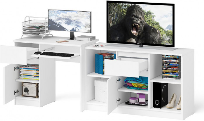 Мори Стол компьютерный МС-1 левый + Тумба МТВ1204.1, цвет белый, ШхГхВ 210,4х50х76,6 см., выдвижной ящик слева, НЕ универсальная сборка