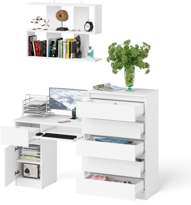 Мори компьютерный стол МС-1 левый + Комод МК700.5 + Полка 900, белый