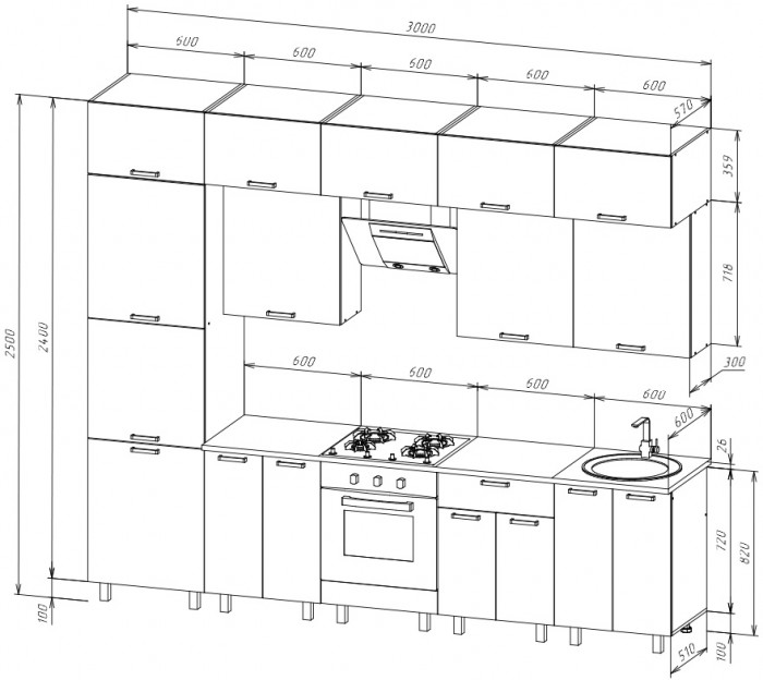 Кухня Техно 3,0/1080м Компоновка №6, Белый/Мрамор белый/Экзотическое дерево Амазония (Антарес)