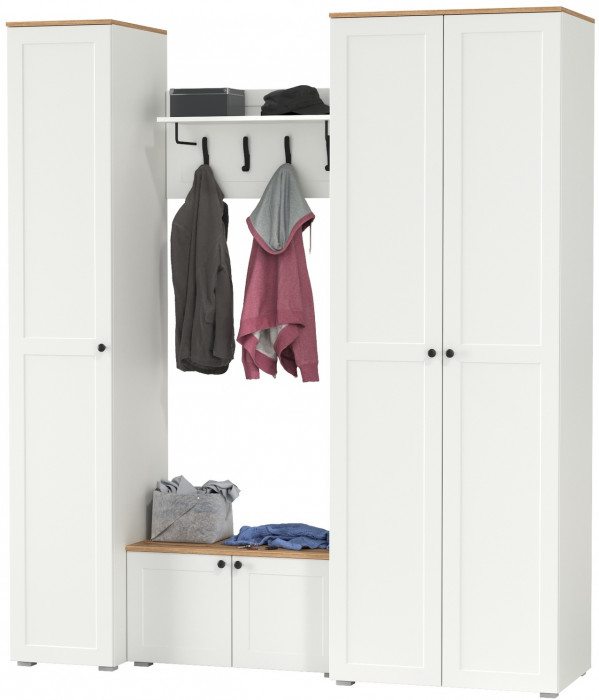 Остин Прихожая 43, цвет белый шагрень/дуб крафт золотой, ШхГхВ 200х54,3х229,6 см., универсальная сборка