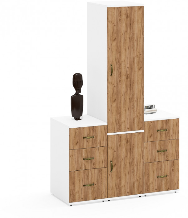 Лидер-8 Пенал МД 23Б + Тумба МД 3.16 + Тумба МД 3.16, цвет белый шагрень/крафт золото, ШхГхВ 120х50х190 см., универсальная сборка