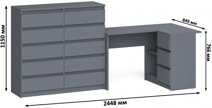 Мори Стол компьютерный МС-16 правый + Комод МК1200.10, цвет графит, ШхГхВ 244,8х84,9х115 см., выдвижные ящики справа, НЕ универсальная сборка