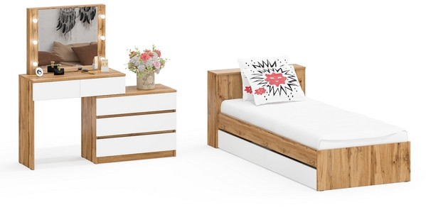 Ксения Кровать с ящиками 0900 + Стол косметический с подсветкой 110, дуб вотан/белый