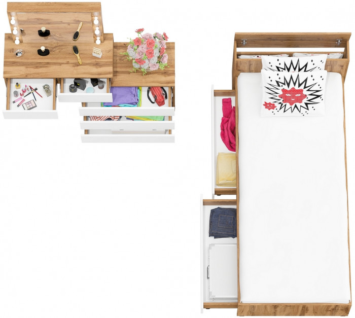 Ксения Кровать с ящиками 0900 + Стол косметический с подсветкой 110, дуб вотан/белый