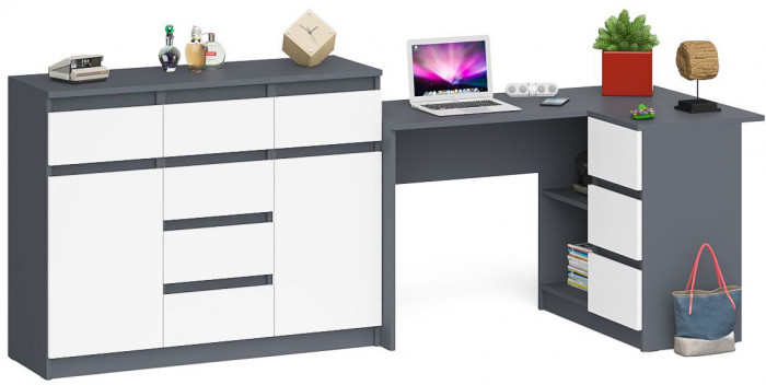 Мори Стол компьютерный МС-16 правый + Комод МК1200.4, цвет графит/белый, ШхГхВ 244,8х84,9х94 см., выдвижные ящики справа, НЕ универсальная сборка
