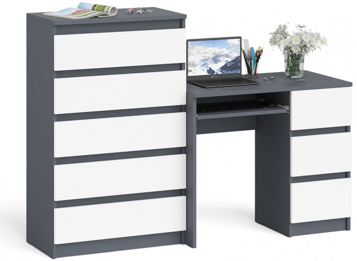 Мори Стол компьютерный МС-6 правый + Комод МК700.5, цвет графит/белый, ШхГхВ 160,4х50х114 см., выдвижные ящики справа, НЕ универсальная сборка