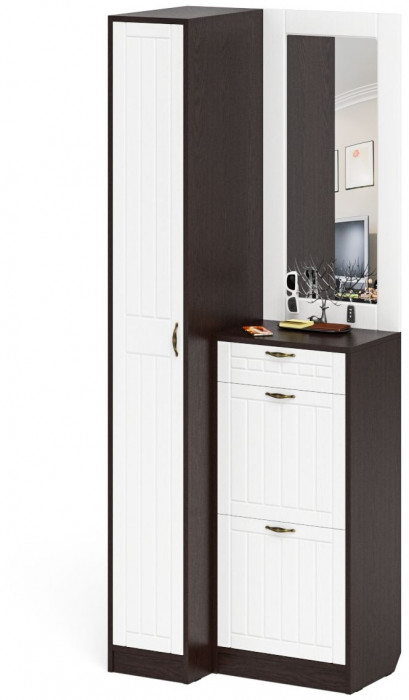 Прихожая П-6 Компоновка № 43, цвет венге/фасады МДФ белое дерево фрезеровка прованс, ШхГхВ 80х50х210 см., универсальная сборка