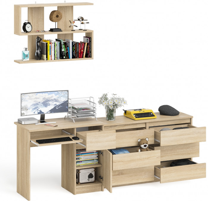 Мори Стол компьютерный МС-1 правый + Комод МК1200.6 + Полка 900, цвет дуб сонома, ШхГхВ 210,4х50х209,6 см., НЕ универсальная сборка