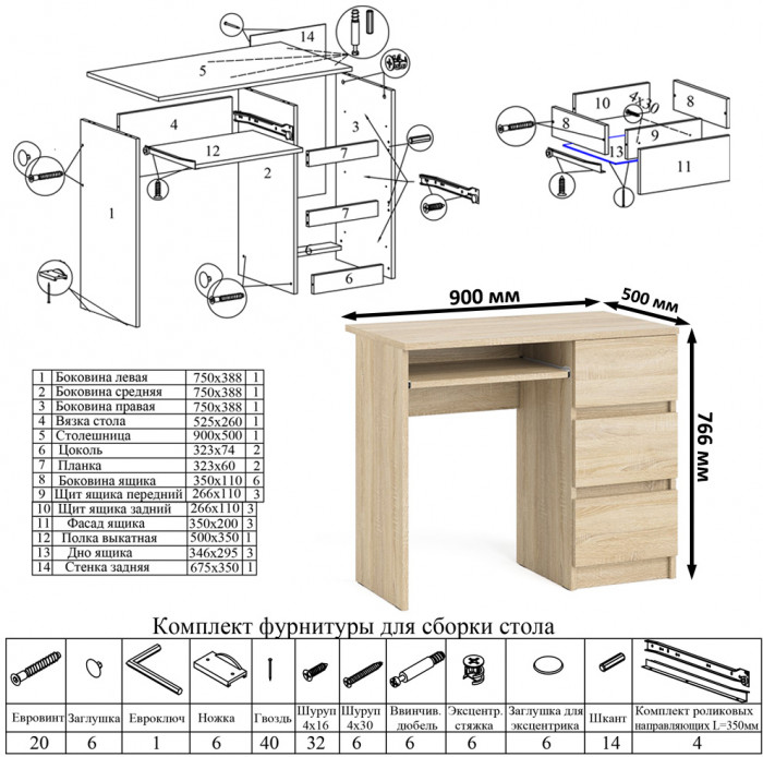 Мори Стол компьютерный МС-6 правый, цвет дуб сонома, ШхГхВ 90х50х76,6 см., выдвижные ящики справа, НЕ универсальная сборка