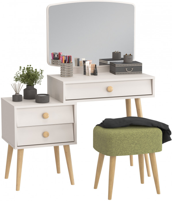 Афина Спальня 4-25901М1к.с. Трюмо + Банкетка 6-5135ТКШзел Полли, кашемир серый/ткань зелёная