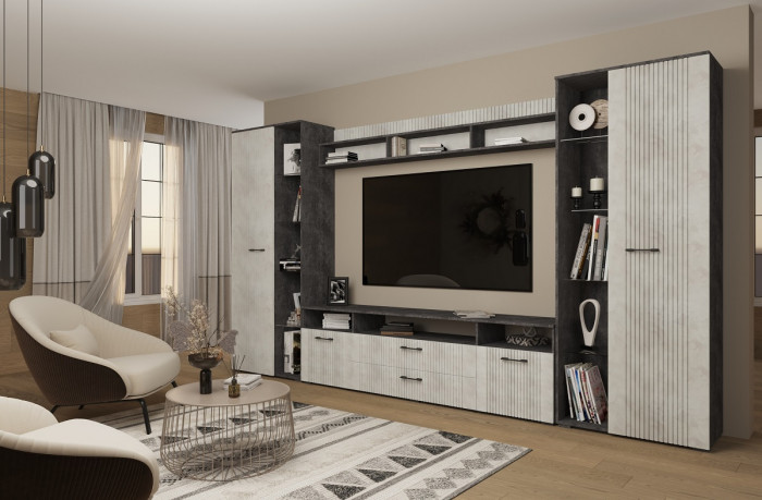 Шкаф с открытой нишей (левое исп.) "Денвер" - Бетон спаркс/Перламутр жемчуг