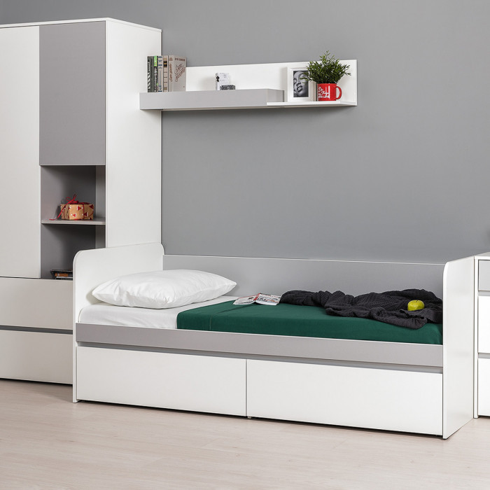 Торонто 11.39 Кровать + 16.475 Полка, цвет белый шагрень/стальной серый, ШхГхВ 194х84,4х150 см., сп. м. 800х1900 мм., б/м, основание есть