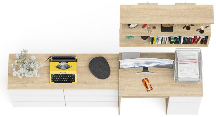 Мори Стол компьютерный МС-1 правый + Комод МК1200.6 + Полка 900, цвет дуб сонома/белый, ШхГхВ 210,4х50х209,6 см., НЕ универсальная сборка