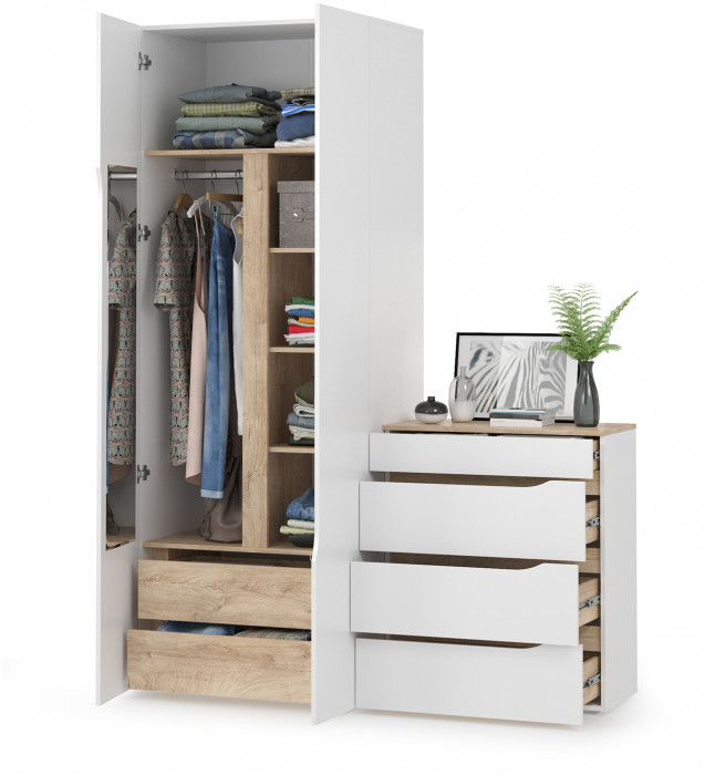 Муссон 13.198 Шкаф двухстворчатый + 13.97 Комод, белый/дуб эндгрейн элегантный