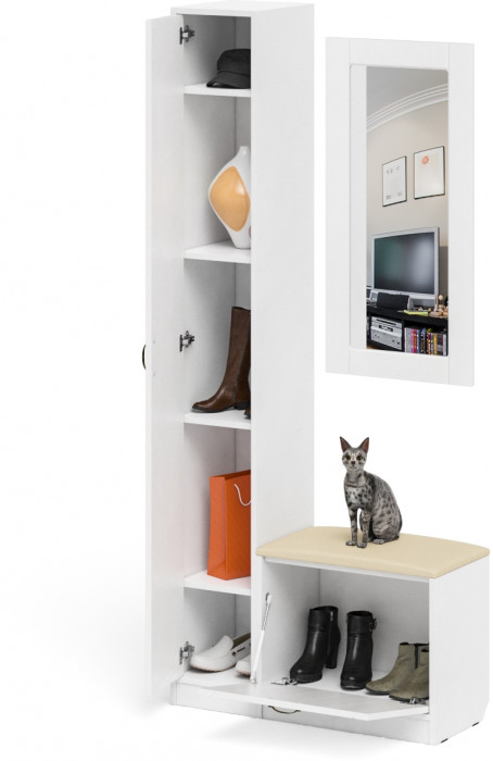 Прихожая П-6 Компоновка № 20, цвет белая шагрень/фасады МДФ белое дерево фрезеровка прованс, ШхГхВ 90х35х210 см., универсальная сборка