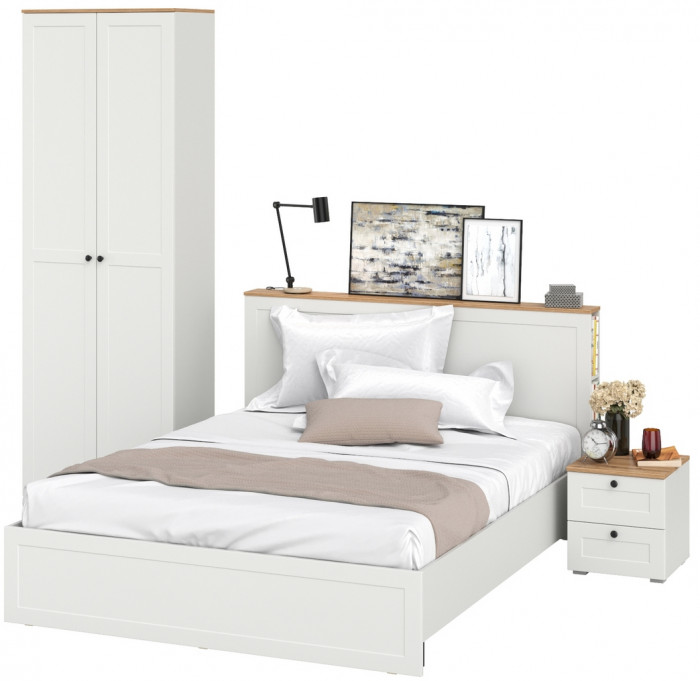 Остин 11.53 Кровать + ортопед + 16.307 Шкаф + 16.152 Тумба прикроватная, белый шагрень/дуб крафт золотой