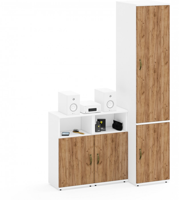 Лидер-8 Пенал МД 23Б + Тумба МД 3.19 + Тумба МД 3.19, цвет белый шагрень/крафт золото, ШхГхВ 120х50х190 см., универсальная сборка